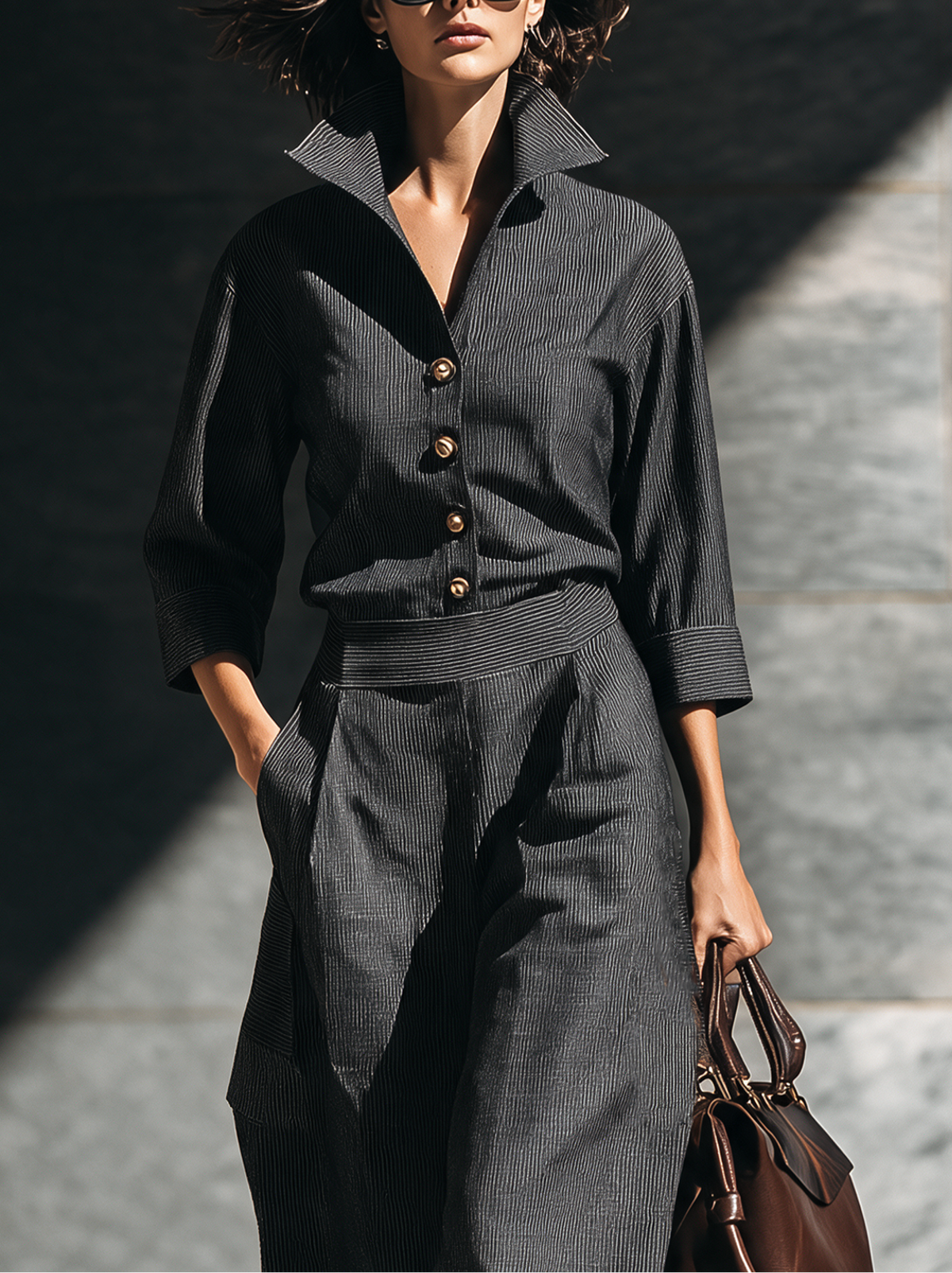 Womens Pinstripe Stand Collar Button Front Wide Leg Jumpsuit – Sienna Noosa