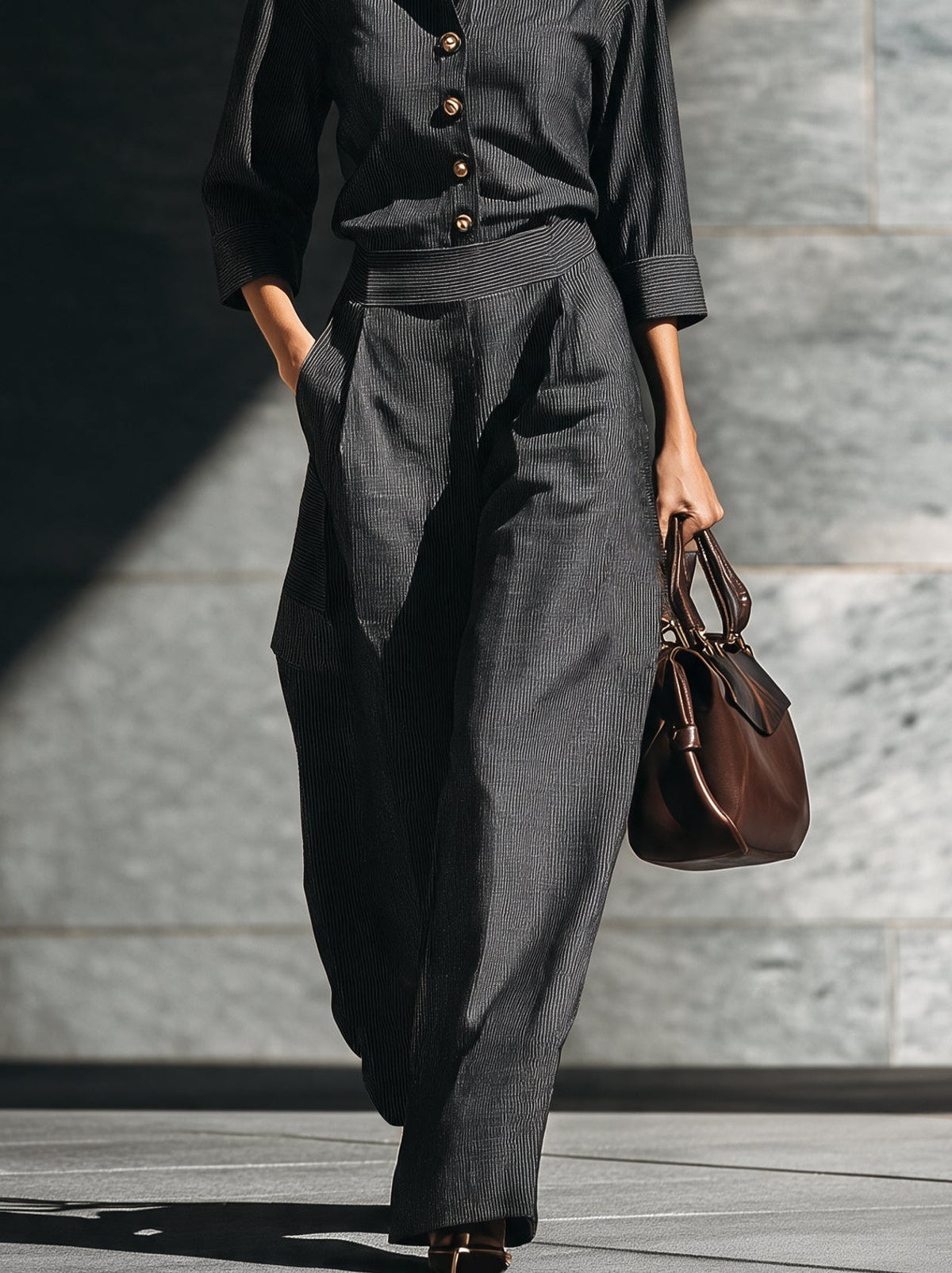 Womens Pinstripe Stand Collar Button Front Wide Leg Jumpsuit – Sienna Noosa