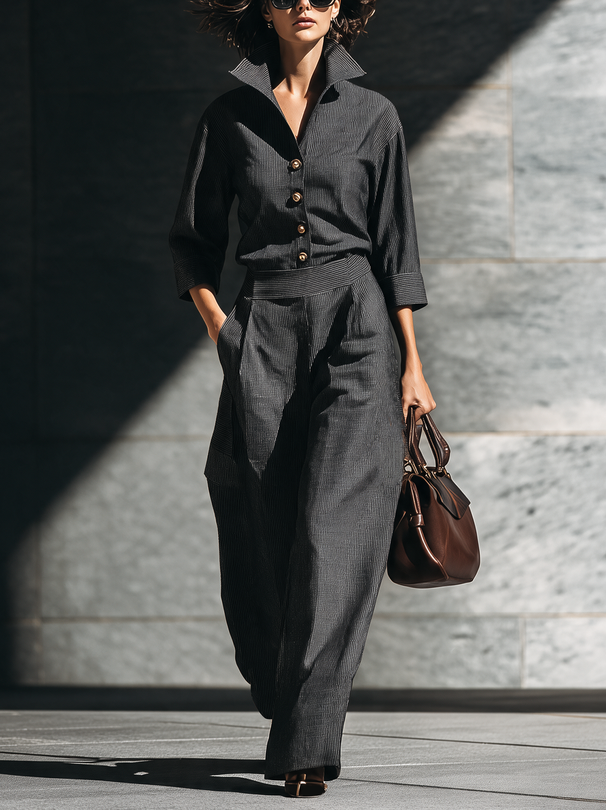 Womens Pinstripe Stand Collar Button Front Wide Leg Jumpsuit – Sienna Noosa