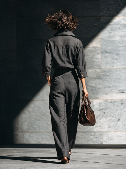 Womens Pinstripe Stand Collar Button Front Wide Leg Jumpsuit – Sienna Noosa