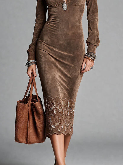 Elena Vintage Brown Velvet Collared Half Button Long Sleeve with Floral Lace Embroidered Midi Bodycon Dress – Sienna Noosa