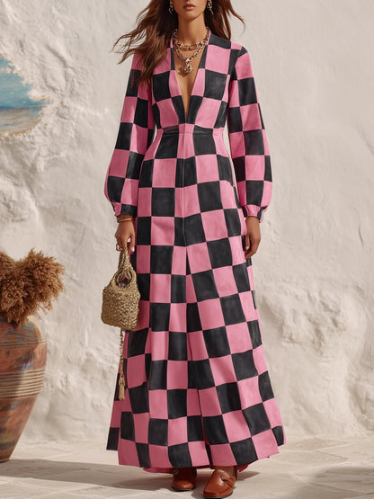 Begoña Pink Black Checkerboard Deep V Faux Suede Maxi Dress – Sienna Noosa