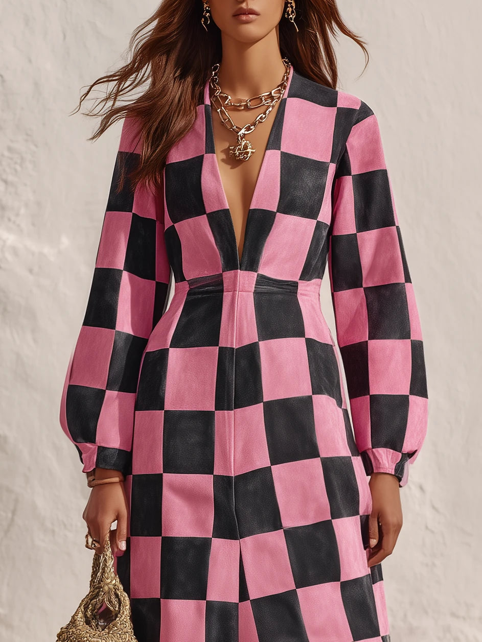 Begoña Pink Black Checkerboard Deep V Faux Suede Maxi Dress – Sienna Noosa