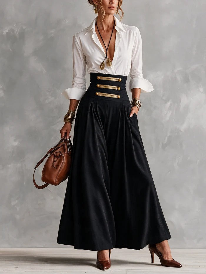 White Collar Shirt High Waist Gold Button Wide Leg Culottes Two-Piece Outfit – Sienna Noosa