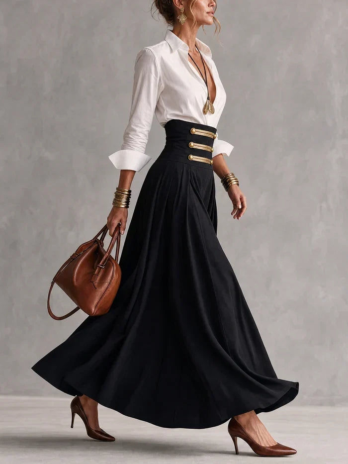 White Collar Shirt High Waist Gold Button Wide Leg Culottes Two-Piece Outfit – Sienna Noosa
