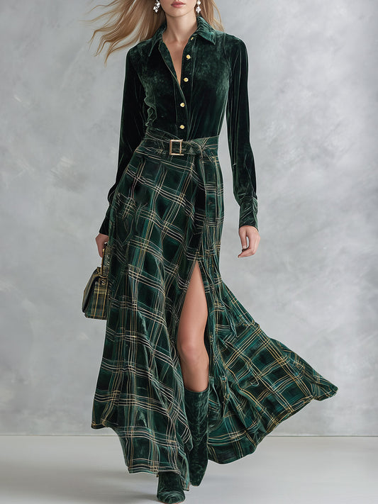 Vera Green Velvet Shirt and Plaid High Slit Maxi Dress Set with Belt – Sienna Noosa