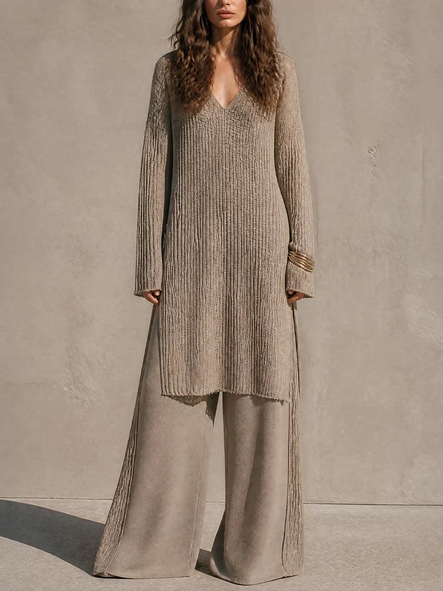 Damaris Womens V Neck Long Sleeve Tunic Top High Waist Wide Leg Pants Casual Linen Blend Textured Knit Two-Piece Set Outfit – Sienna Noosa