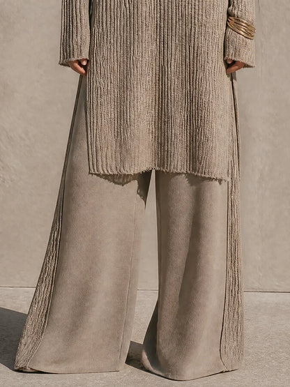 Damaris Womens V Neck Long Sleeve Tunic Top High Waist Wide Leg Pants Casual Linen Blend Textured Knit Two-Piece Set Outfit – Sienna Noosa