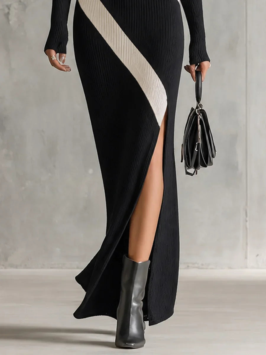 Amaya Asymmetrical Off Shoulder Colour Block Ribbed Knit Maxi Dress – Sienna Noosa