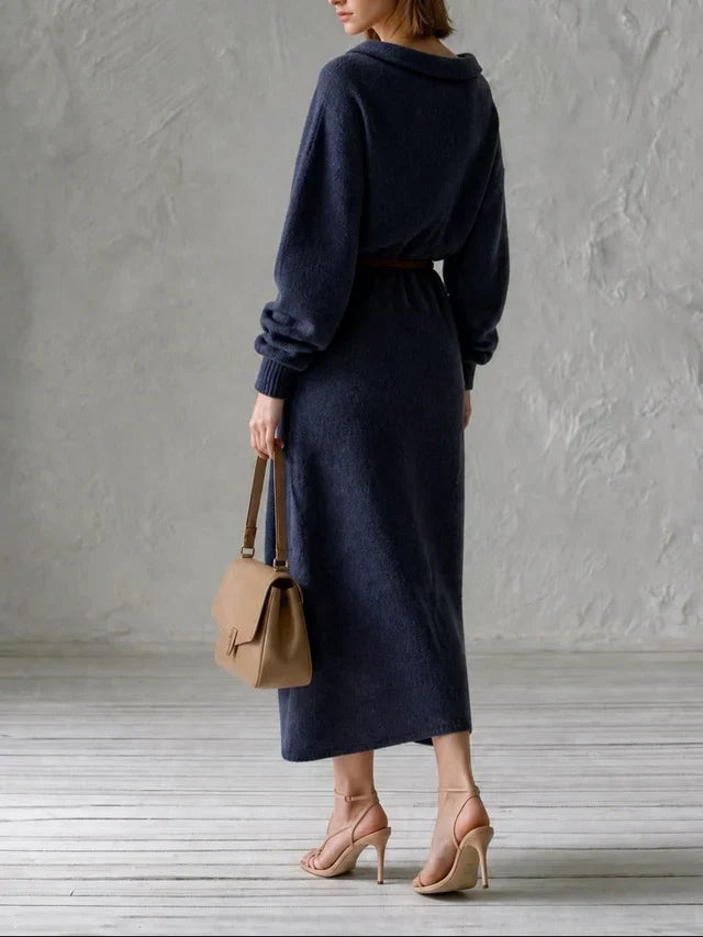 Mónica Oversized Off Shoulder Knit Midi Dress with Thin Leather Waist Belt – Sienna Noosa