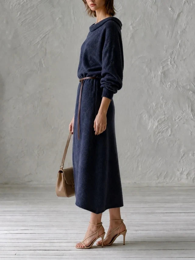 Mónica Oversized Off Shoulder Knit Midi Dress with Thin Leather Waist Belt – Sienna Noosa