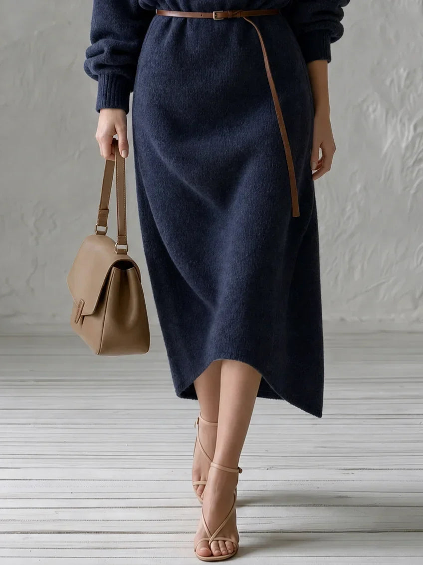 Mónica Oversized Off Shoulder Knit Midi Dress with Thin Leather Waist Belt – Sienna Noosa