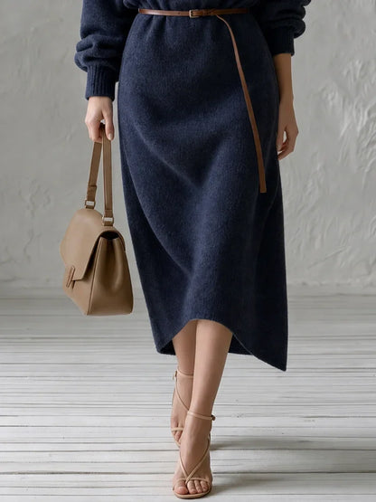 Mónica Oversized Off Shoulder Knit Midi Dress with Thin Leather Waist Belt – Sienna Noosa
