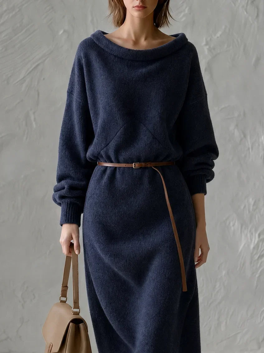 Mónica Oversized Off Shoulder Knit Midi Dress with Thin Leather Waist Belt – Sienna Noosa