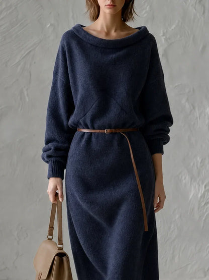 Mónica Oversized Off Shoulder Knit Midi Dress with Thin Leather Waist Belt – Sienna Noosa