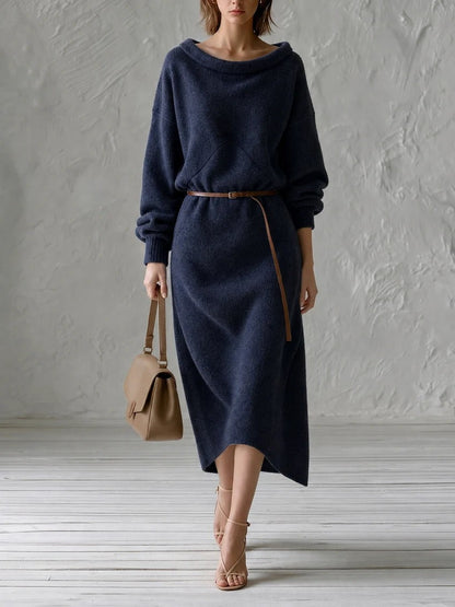 Mónica Oversized Off Shoulder Knit Midi Dress with Thin Leather Waist Belt – Sienna Noosa