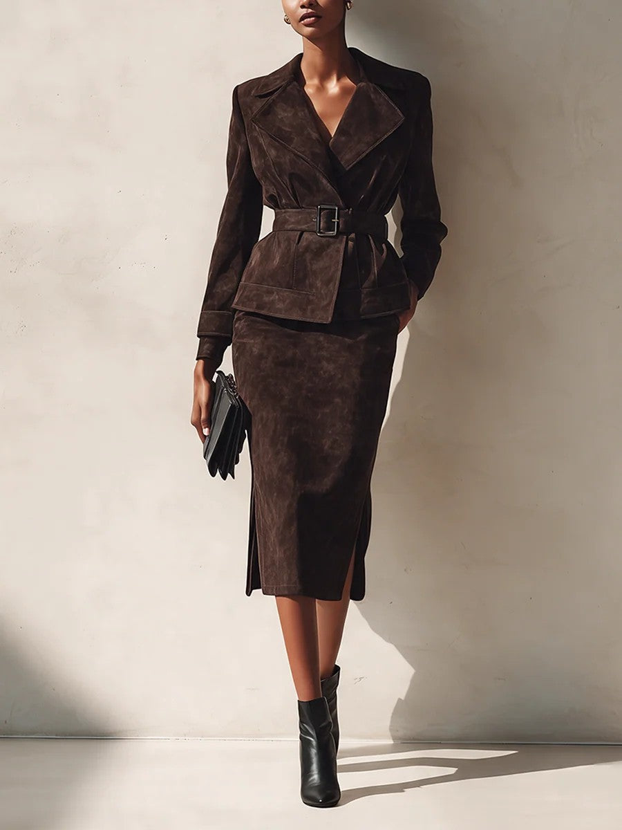 Diana Dark Brown Suede Texture Belted Blazer Midi Skirt Two-Piece Set – Sienna Noosa