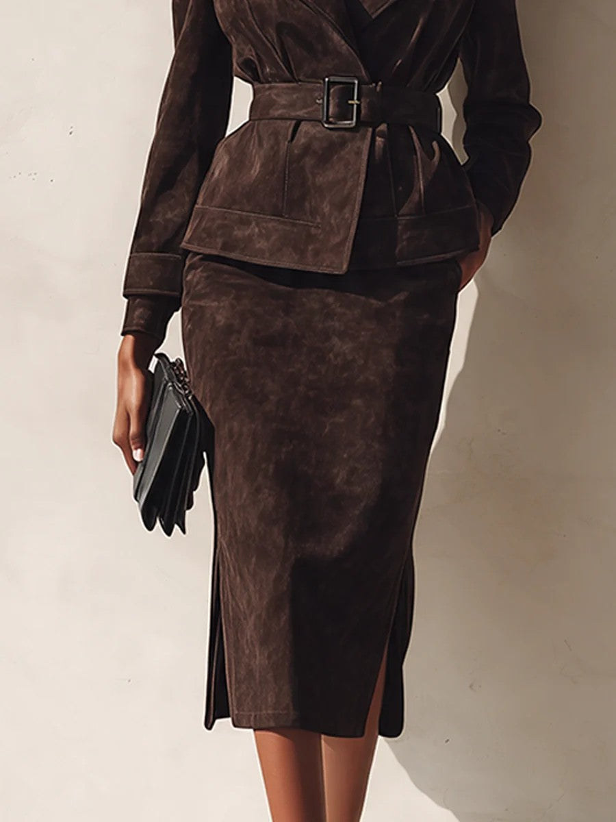 Diana Dark Brown Suede Texture Belted Blazer Midi Skirt Two-Piece Set – Sienna Noosa