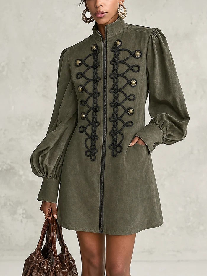 Olive Green Braided Embroidery Zip Front Lantern Sleeve Mini Dress – Sienna Noosa