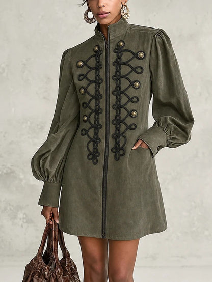 Olive Green Braided Embroidery Zip Front Lantern Sleeve Mini Dress – Sienna Noosa