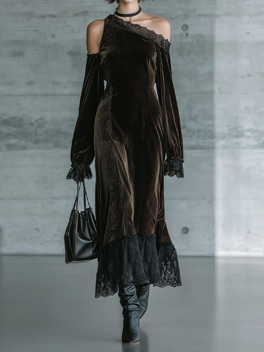 Renata Dark Brown Velvet Off Shoulder Evening Maxi Dress – Sienna Noosa
