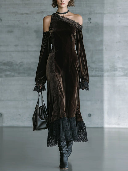 Renata Dark Brown Velvet Off Shoulder Evening Maxi Dress – Sienna Noosa