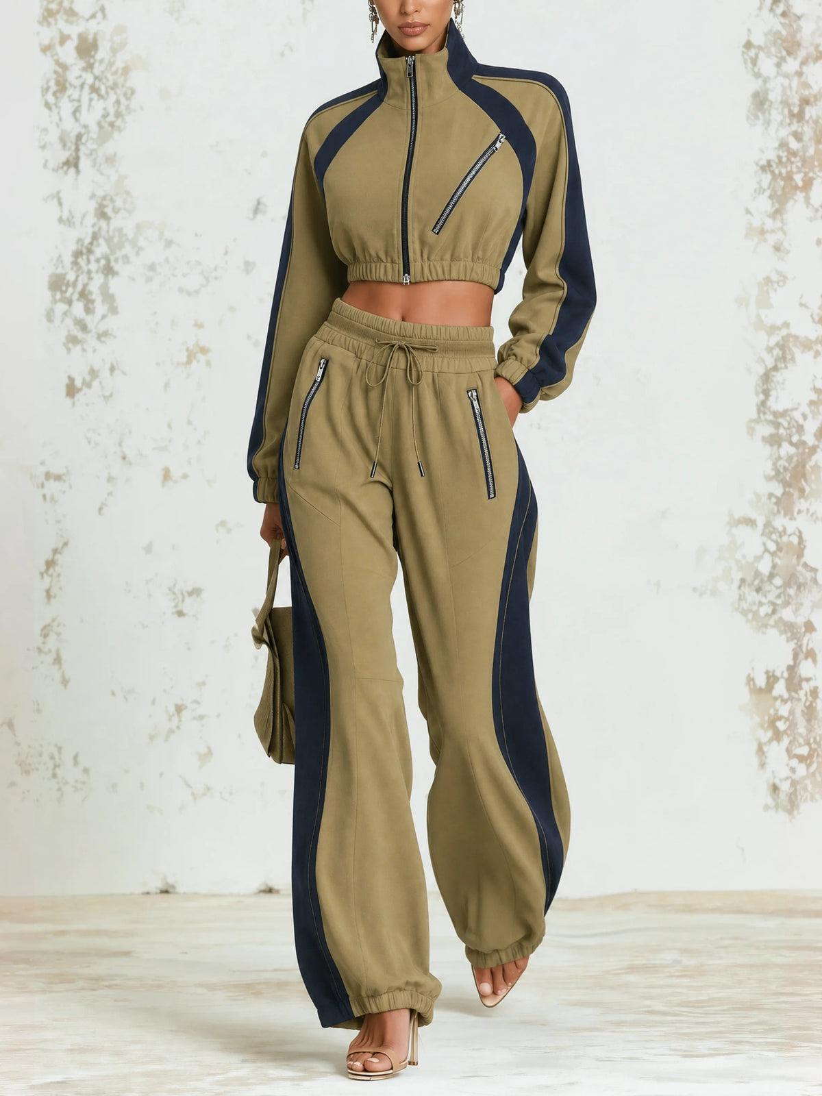 Olive Zip Up Cropped Jacket High Waist Jogger Two Piece – Sienna Noosa
