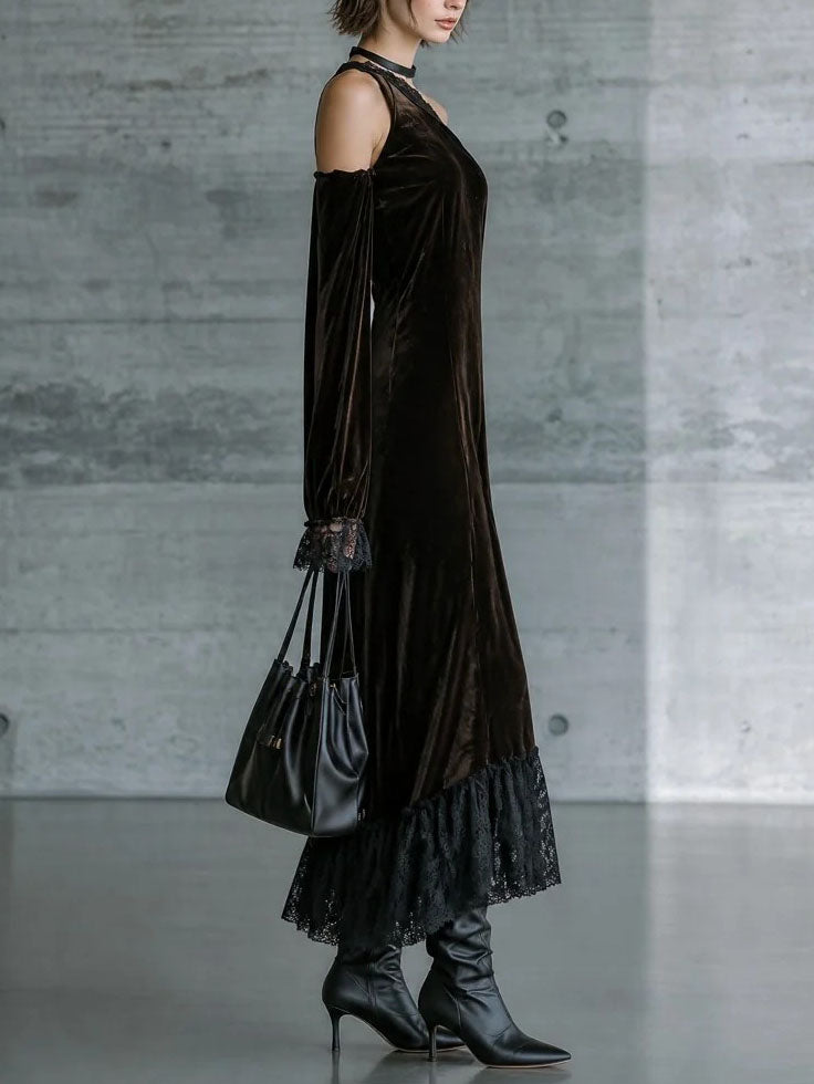 Renata Dark Brown Velvet Off Shoulder Evening Maxi Dress – Sienna Noosa