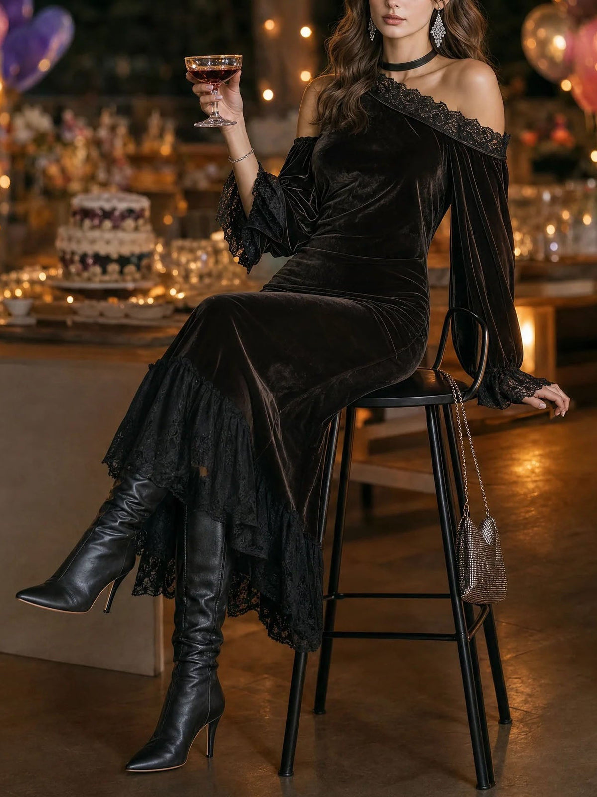 Renata Dark Brown Velvet Off Shoulder Evening Maxi Dress – Sienna Noosa