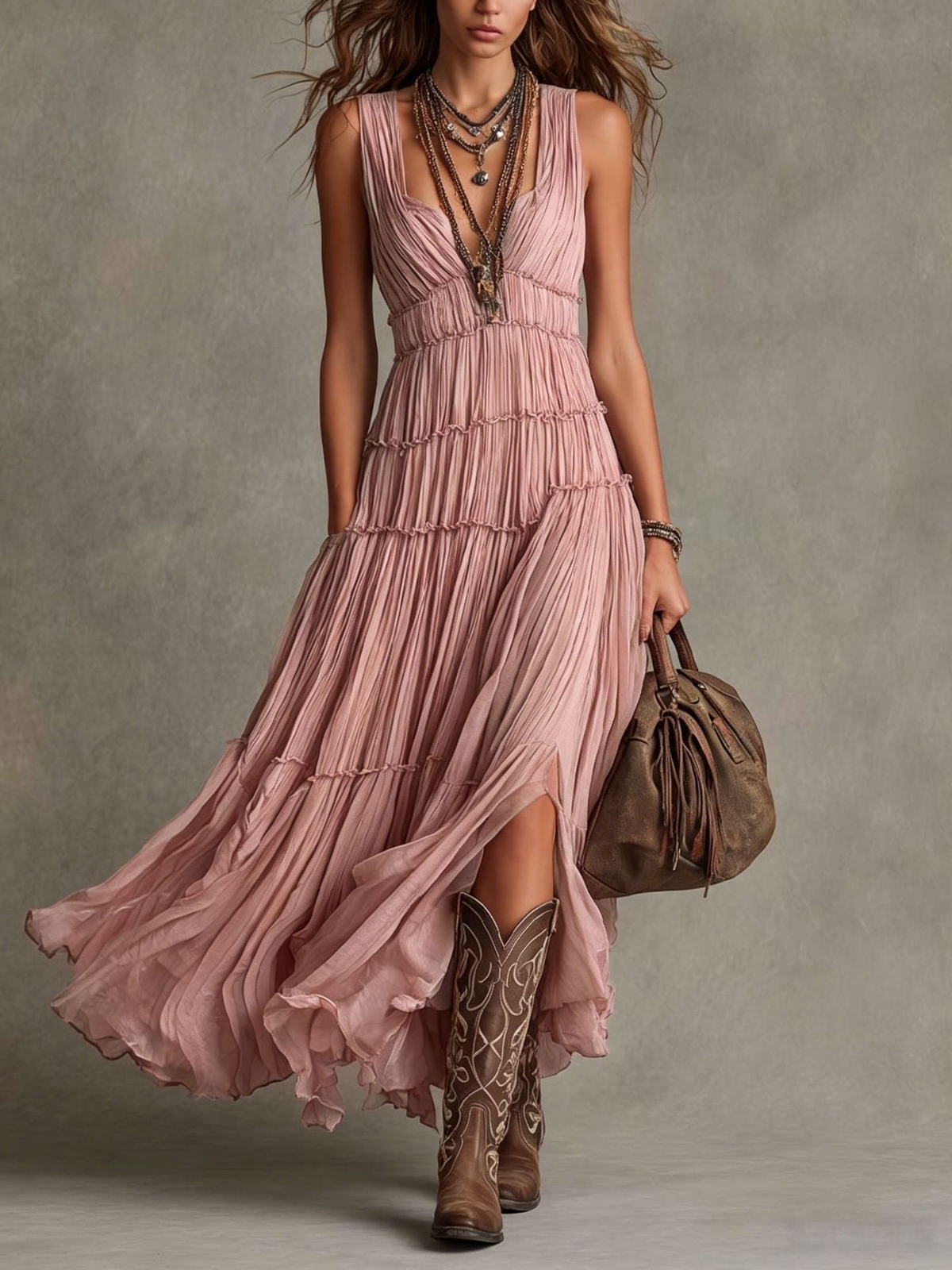 Sage Green Pleated Chiffon V Neck Flowing Maxi Dress – Sienna Noosa