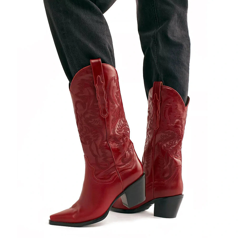 Embroidered Pointed Toe Thick Heel Western Boots – Sienna Noosa