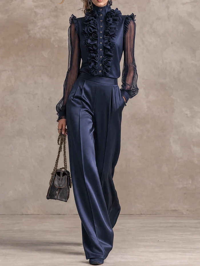 Elegante Elegant Ruffle Front Blouse and Wide Leg Trouser Two-Piece Set – Sienna Noosa
