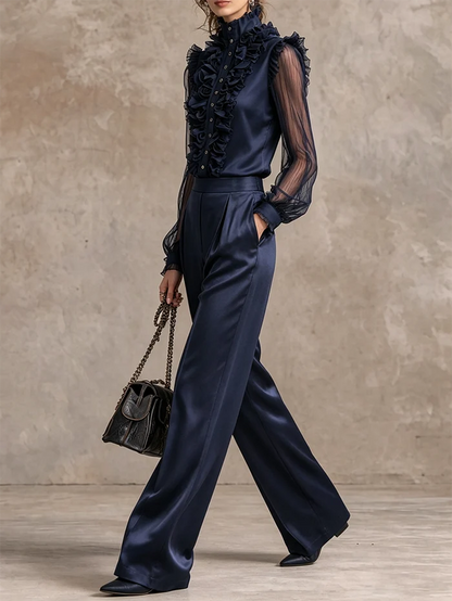 Elegante Elegant Ruffle Front Blouse and Wide Leg Trouser Two-Piece Set – Sienna Noosa
