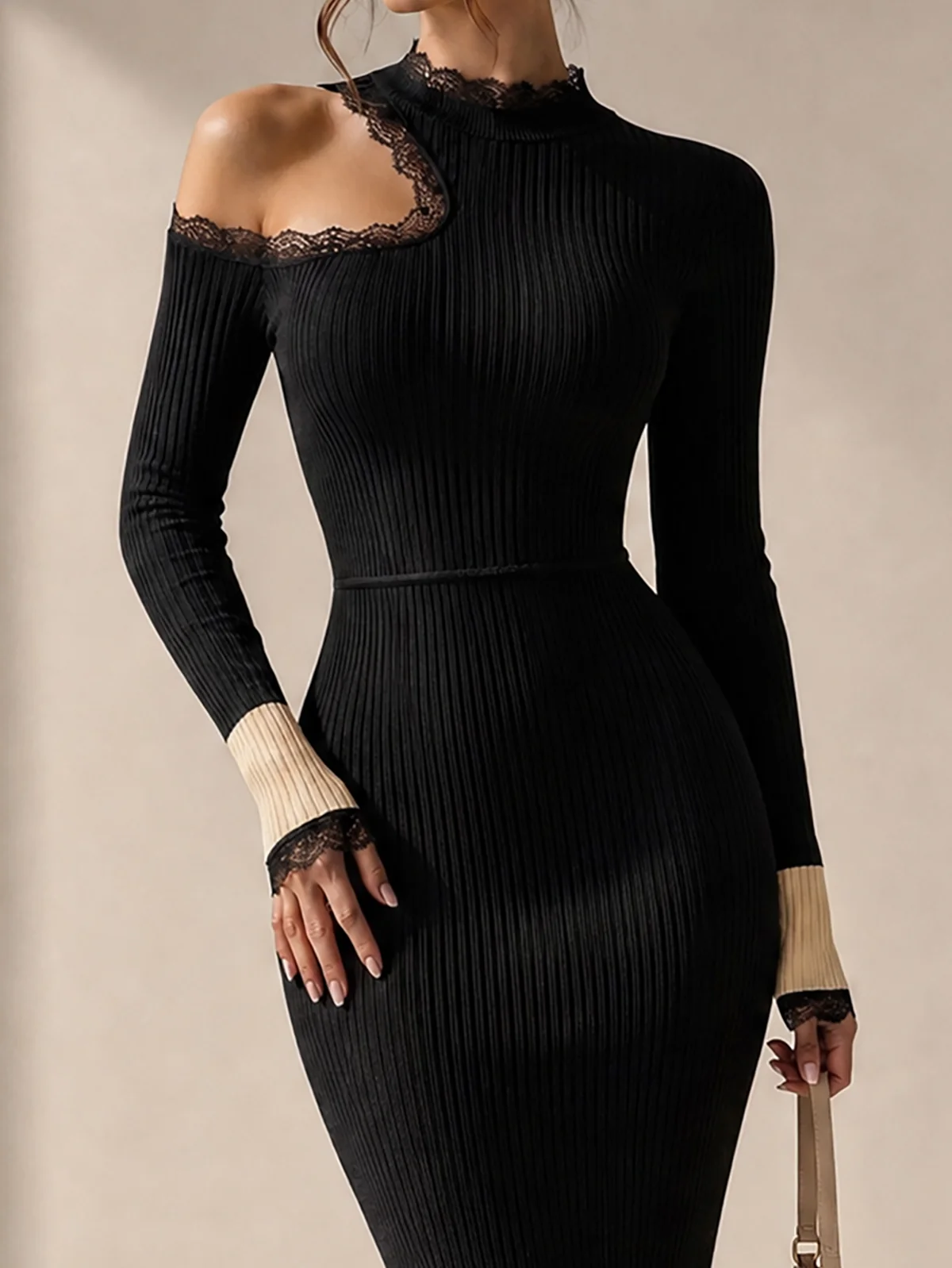 Alicia Elegant Asymmetrical Lace Neck Ribbed Knit Midi Dress – Sienna Noosa