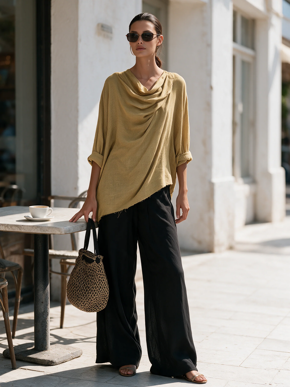 Irene Bohemian Draped Asymmetrical Top and Wide Leg Pants Two-Piece Set – Sienna Noosa