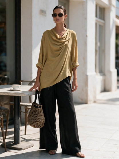 Irene Bohemian Draped Asymmetrical Top and Wide Leg Pants Two-Piece Set – Sienna Noosa