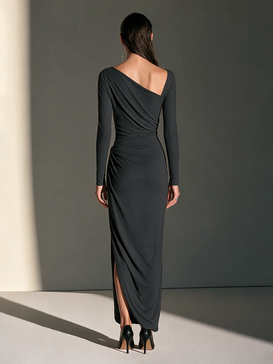 Elegant Black Long Sleeve Ruched One Shoulder Maxi Dress with Draped Side Slit – Sienna Noosa
