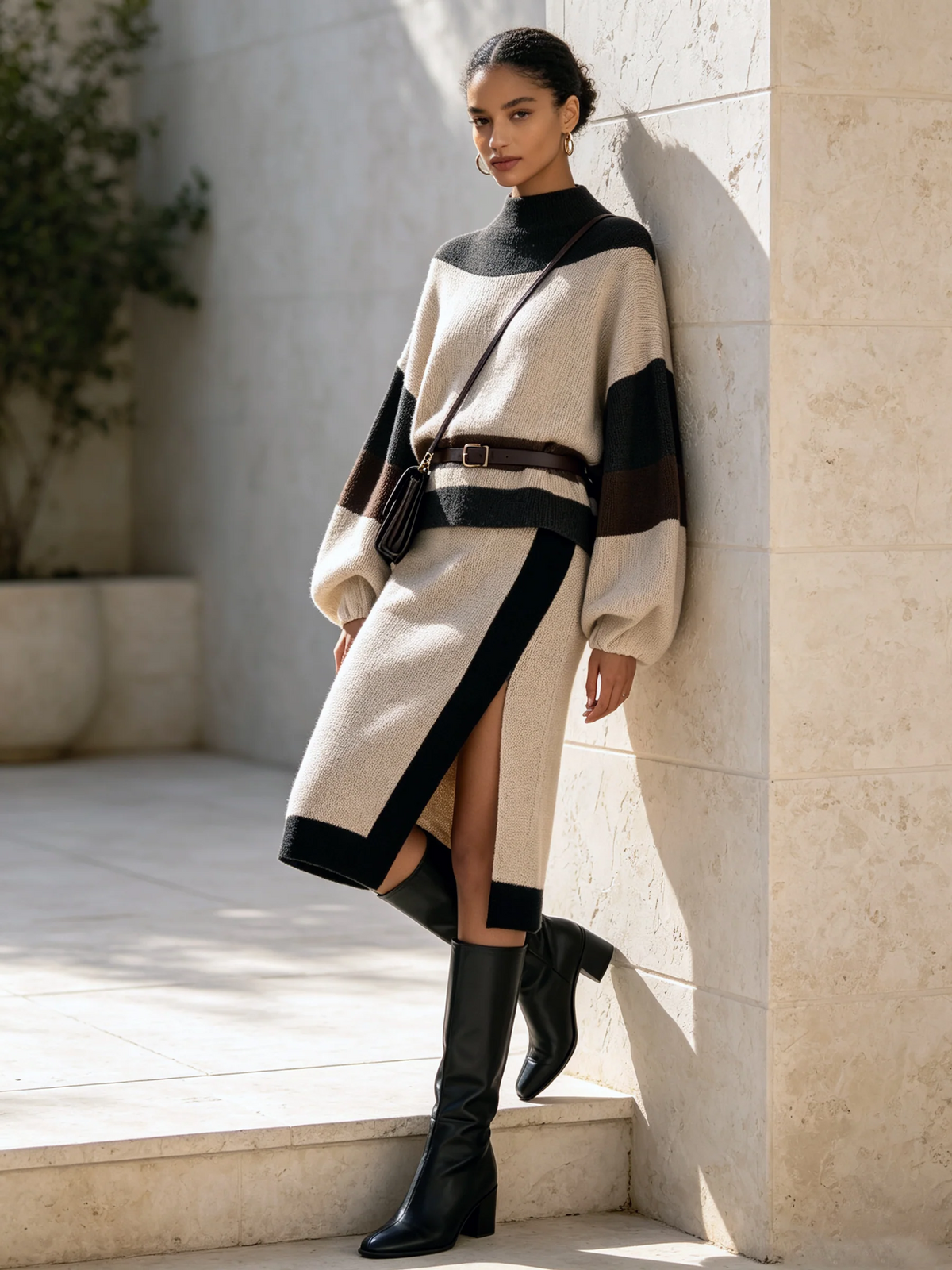 Color Block Oversized Knit Sweater and Midi Skirt Two-Piece Set – Sienna Noosa