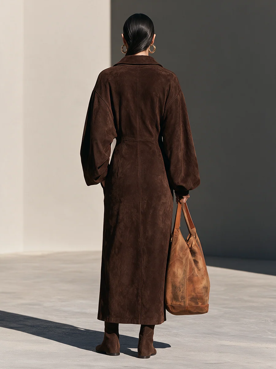 Sara Elegant Brown Suede Half Zip Long Sleeve Maxi Dress with Side Slit – Sienna Noosa