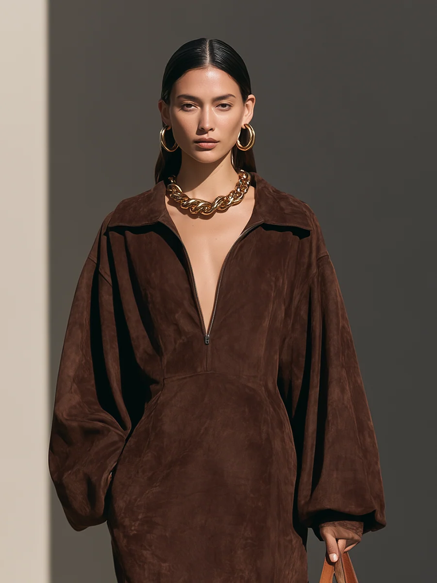 Sara Elegant Brown Suede Half Zip Long Sleeve Maxi Dress with Side Slit – Sienna Noosa