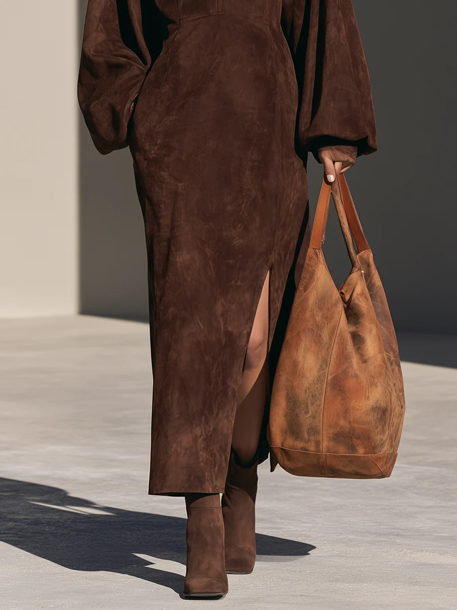 Sara Elegant Brown Suede Half Zip Long Sleeve Maxi Dress with Side Slit – Sienna Noosa