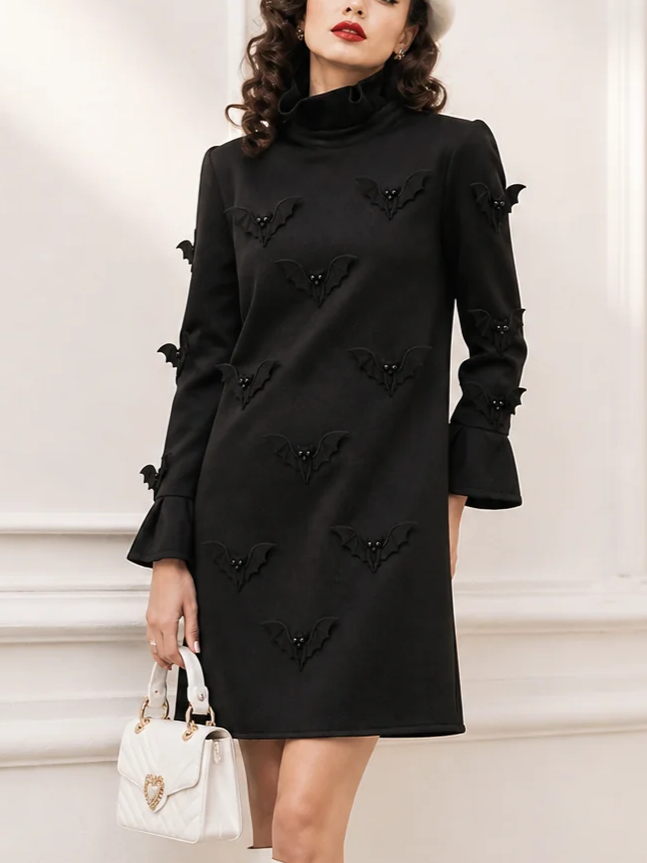 Elegant Black Bat Embroidered Flared Sleeve Mini Dress – Sienna Noosa