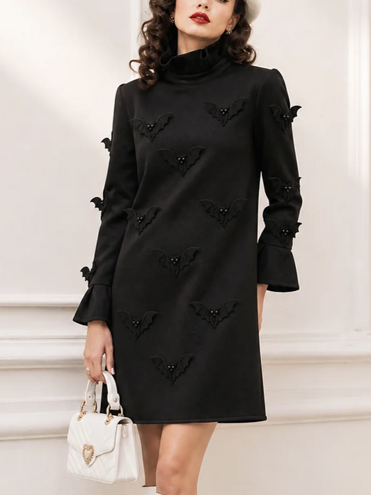 Elegant Black Bat Embroidered Flared Sleeve Mini Dress – Sienna Noosa