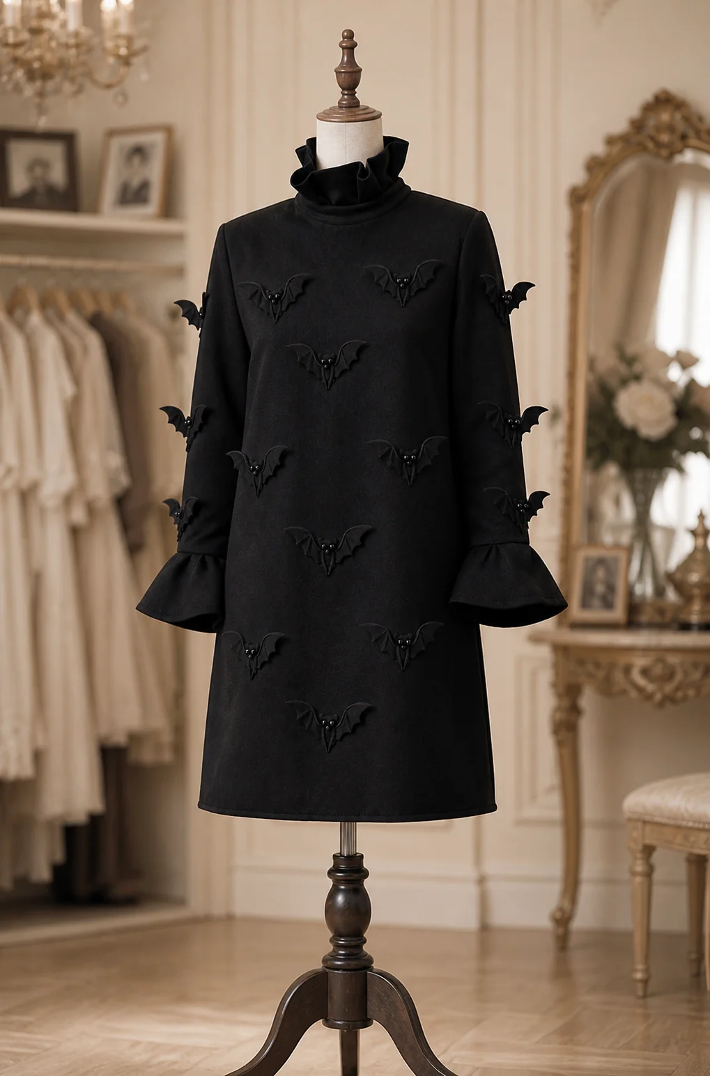 Elegant Black Bat Embroidered Flared Sleeve Mini Dress – Sienna Noosa