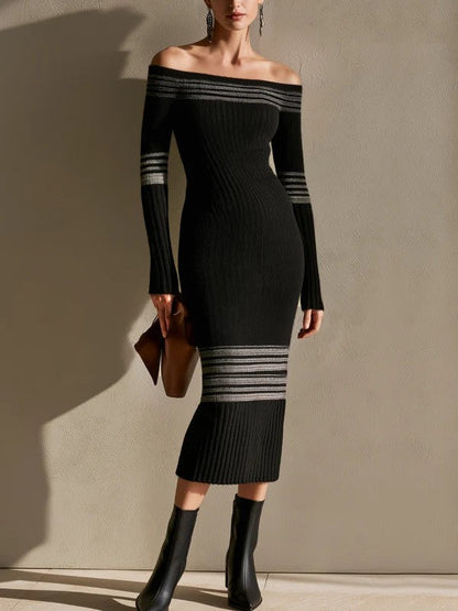 Raquel Off Shoulder Striped Ribbed Knit Midi Dress – Sienna Noosa