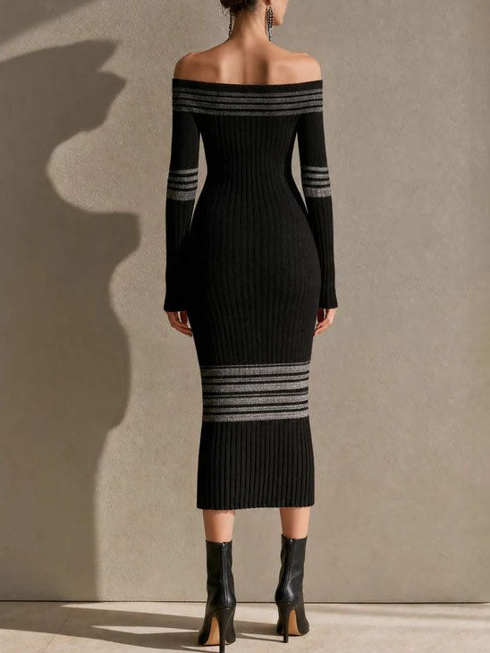 Raquel Off Shoulder Striped Ribbed Knit Midi Dress – Sienna Noosa