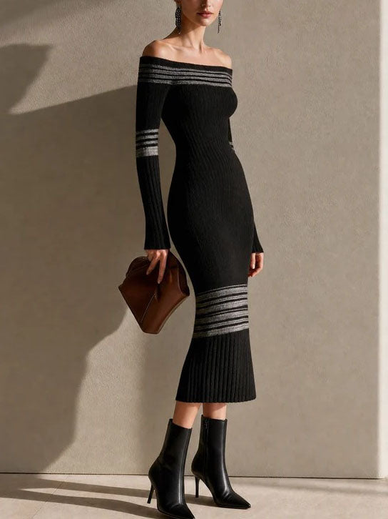 Raquel Off Shoulder Striped Ribbed Knit Midi Dress – Sienna Noosa