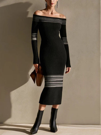 Raquel Off Shoulder Striped Ribbed Knit Midi Dress – Sienna Noosa