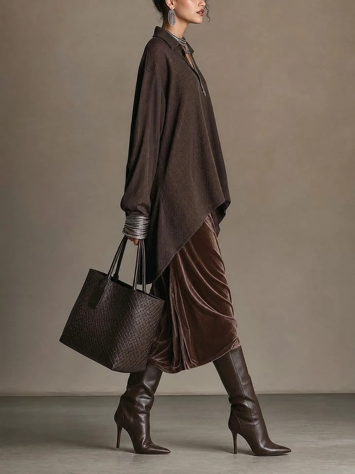 Ona Dark Brown Textured Collar Long Blouse Velvet Midi Skirt Set – Sienna Noosa