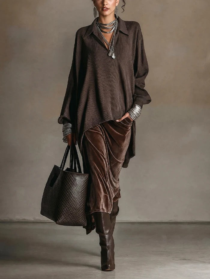 Ona Dark Brown Textured Collar Long Blouse Velvet Midi Skirt Set – Sienna Noosa
